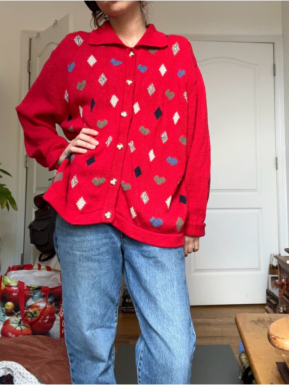 vintage Koret Red Cardigan with Multicolor Diamond & Heart Accents